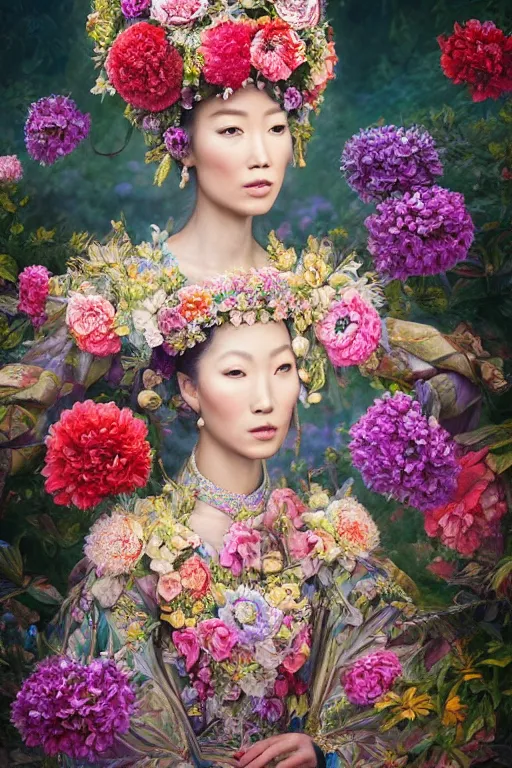 Image similar to a beautiful portrait of an empress in her garden, with a brilliant, impossible striking big flower headpiece, clothes entirely made out of flowers, symmetrical, closeup, dramatic studio lighting, rococo, baroque, jewels, asian, hyperrealism, D&D, fantasy, intricate, elegant, highly detailed, digital painting, artstation, octane render, 8k, concept art, matte, sharp focus, illustration, art by Artgerm and Greg Rutkowski and Alphonse Mucha