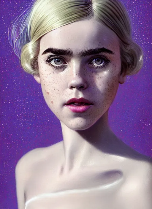 Image similar to portrait of kiernan shipka with freckles, white hair, 1 9 6 0 s bob hairstyle, hairstyle with bangs, 1 9 6 0 s bob hair with bangs and hairband, intricate, elegant, glowing lights, highly detailed, digital painting, artstation, concept art, smooth, sharp focus, illustration, art by wlop, mars ravelo and greg rutkowski