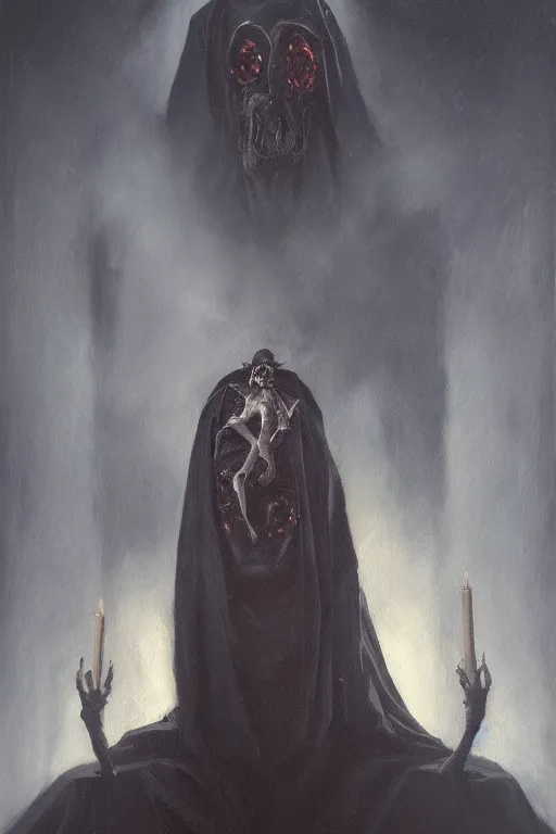 Image similar to portrait of an ominous mysterious horrific omniscient religious figure performing a dark ritual, oil on canvas, romanticism style, ornate, elegant, highly detailed, surrealism, concept art, trending on artstation