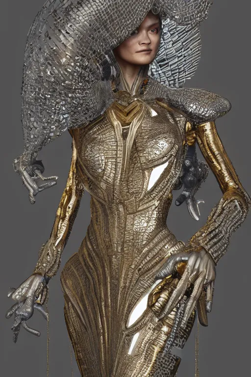 Image similar to a highly detailed 4 k render portrait of an alien goddess natalia vodianova in iris van herpen dress schiaparelli armor in diamonds and lots of jewelry in style of alphonse mucha trending on artstation made in unreal engine 4