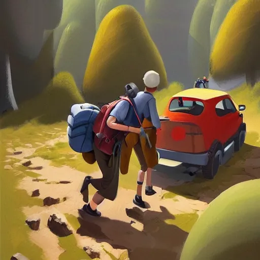 Prompt: goro fujita ilustration hikers loading the car to go to the forest, painting by goro fujita, sharp focus, highly detailed, artstation