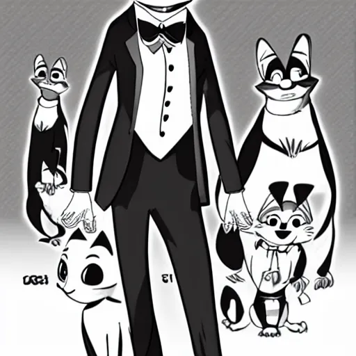 Image similar to official manga line art of Nick Wilde wearing a tuxedo, smiling at the viewer