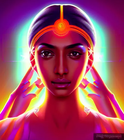 Image similar to symmetry!! indian princess of technology, solid cube of light, hard edges, product render retro - futuristic poster scifi, lasers and neon circuits, brown skin gorgeous indian princess, intricate, elegant, highly detailed, digital painting, artstation, concept art, smooth, sharp focus, illustration, dreamlike, art by artgerm