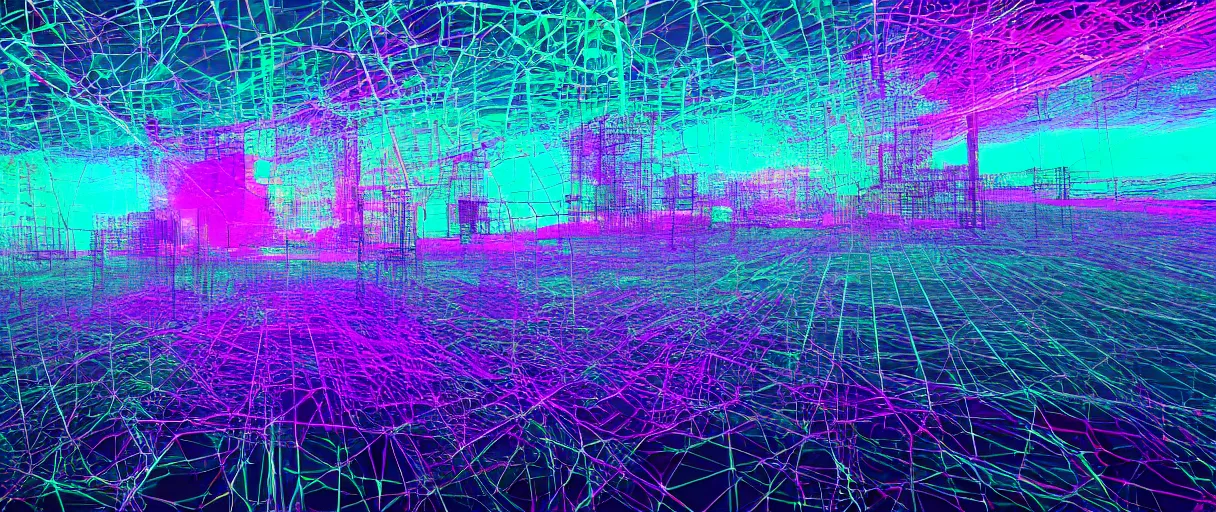 Image similar to dream landscape, simulation, wireframe, glitch art, generative art, volumetric object, physical particles, translucence, cinematic lighting, iridescence, by ash thorpe