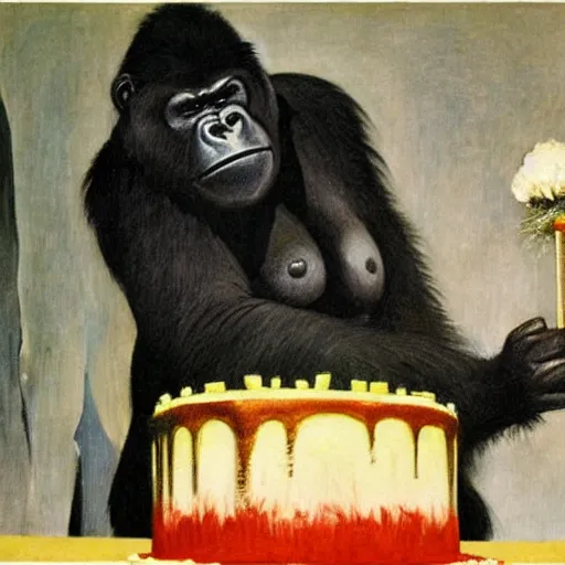 Image similar to candid of an oversized gorilla blowing out birthday candles on a cake, glowing with silver light, painting by franz marc, by jean - leon gerome, by winsor mccay, today's featured photograph, 1 6 k, character design, set design