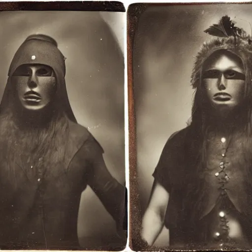 Prompt: tintype photographs of shamans, psychic wrestlers, masked heroes, irradiated humans, and monster hunters