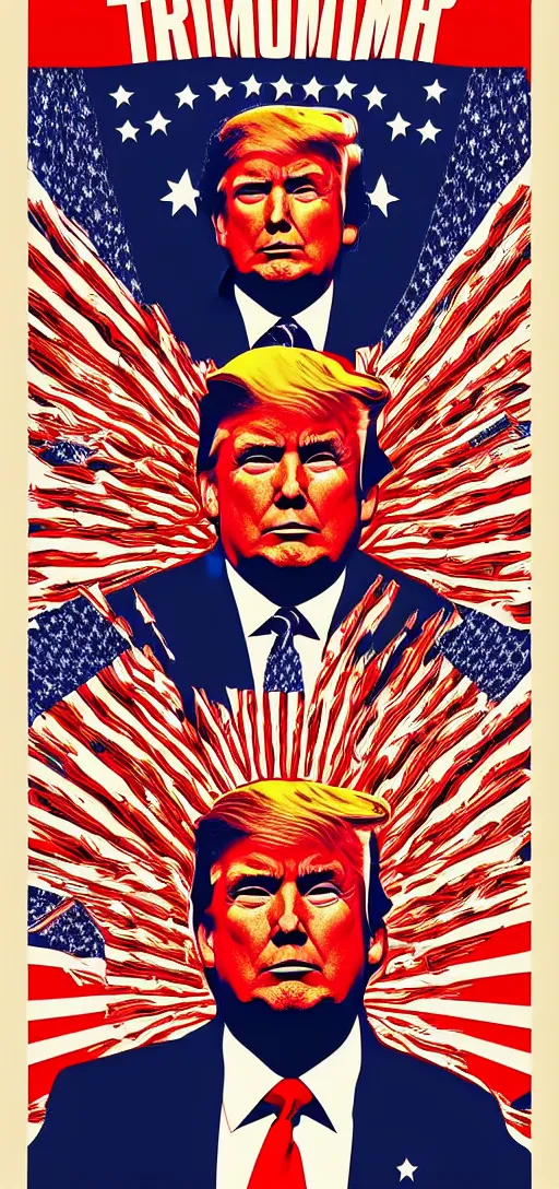 Image similar to donald trump trumpwave apotheosis poster in the style of communist russian propaganda art and alex grey, with bold colors and contrast, patriotic, red white and blue, nationalist, stoic, heroic