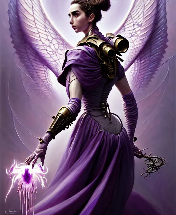 Image similar to beautiful fantasy character portrait, ana de armas, ultra realistic, wide angle, intricate details, the fifth element artifacts, tesseracts, highlights of purple, highly detailed by peter mohrbacher, hajime sorayama, wayne barlowe, boris vallejo, paolo eleuteri serpieri, dishonored 2, white gown, angel wings