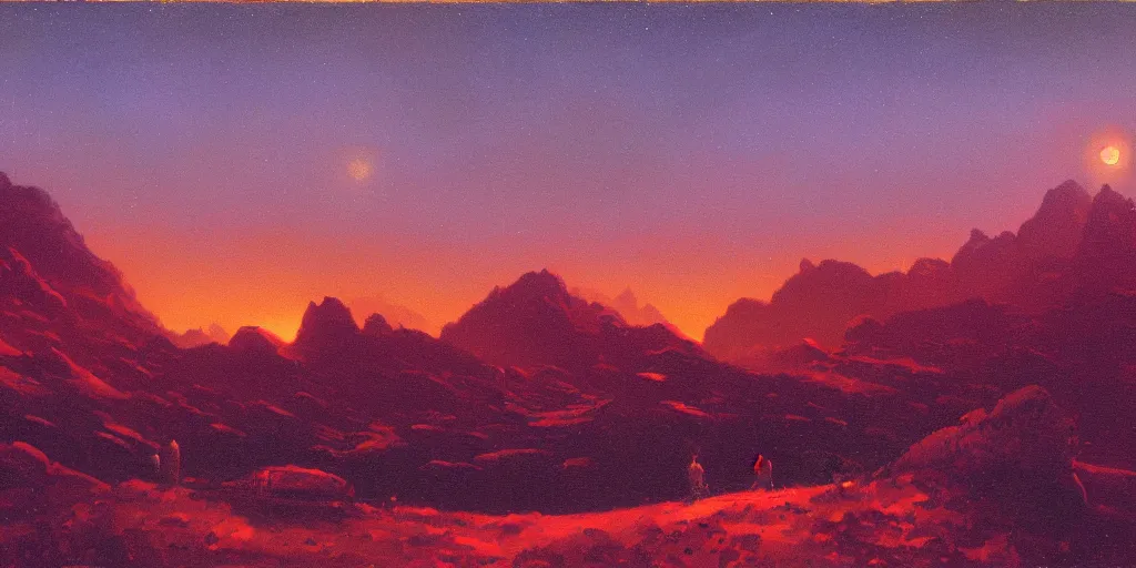 Prompt: a paul lehr narrow night landscape with far away mountains