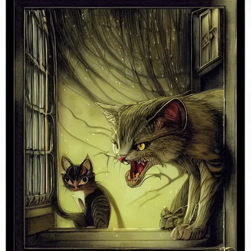 Image similar to vampire cat, inside a frame on a tiled wall, frontal picture, by yoichi hatakenaka, masamune shirow, josan gonzales and dan mumford, ayami kojima, takato yamamoto, karol bak