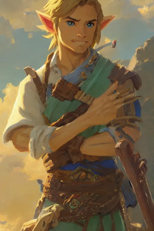 Image similar to a portrait of link from breath of the wild, by gaston bussiere, by mandy jurgens and bayard wu and greg rutkowski, cinematic lightning