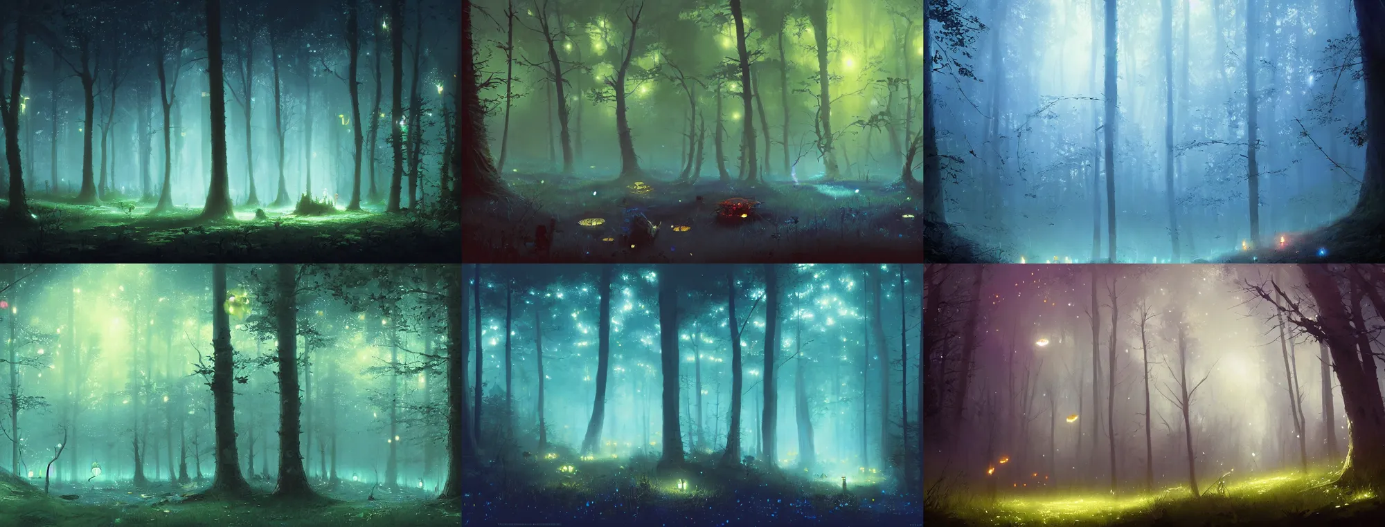 Prompt: bioluminescent forest floor, fog, fireflies, magical, night, blue, by darek zabrocki and studio ghibli, artstation