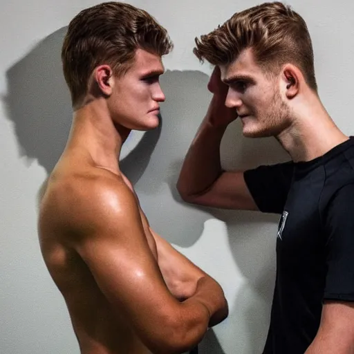 Image similar to a realistic detailed photo of a guy who is an attractive humanoid who is half robot and half humanoid, who is a male android, soccer players martin ødegaard & timo werner, shiny skin, posing like a statue, blank stare, in a living room, on display, showing off his muscles, gold soccer shorts, side view, repairing the other one