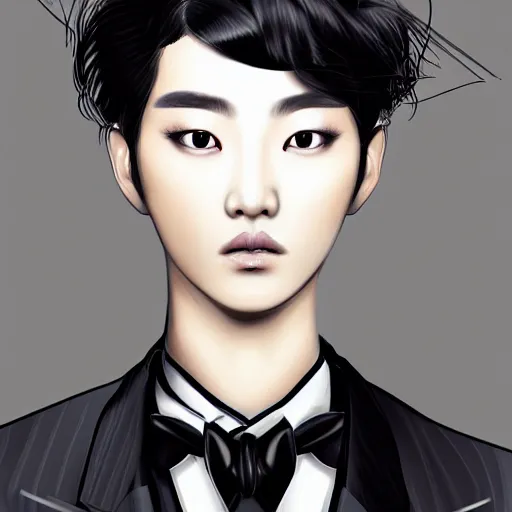 Image similar to portrait of a beautiful korean girl wearing a men's tuxedo, with short messy hair, men's haircut, angular features, angry expression, digital art, elegant pose, detailed illustration