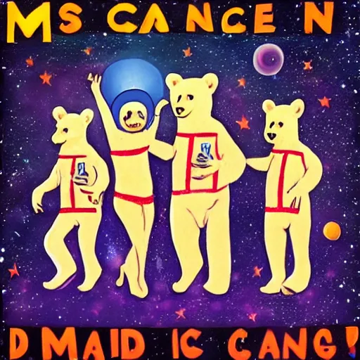 Image similar to space bears dancing to cannon in D, in the style of Banksy