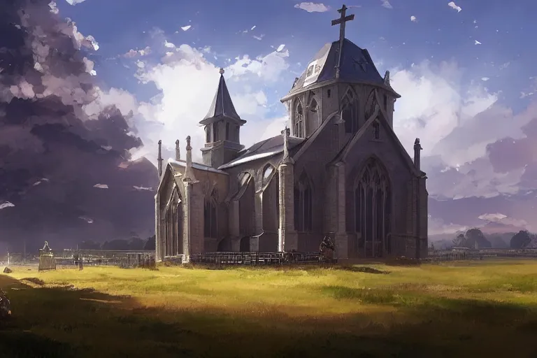 Prompt: concept art of a huge church with chain drive aka churchtank in an open field, key visual, ambient lighting, highly detailed, digital painting, artstation, concept art, sharp focus, by makoto shinkai and akihiko yoshida and hidari and greg manchess