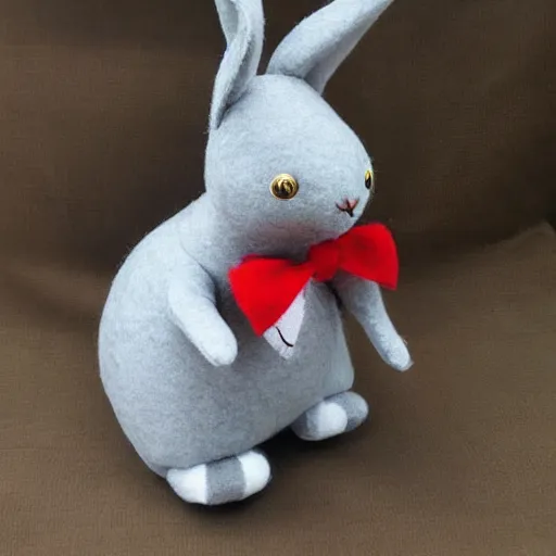 Image similar to a cute elegant felt plush doll of a rabbit wearing overalls detailed highly realistic