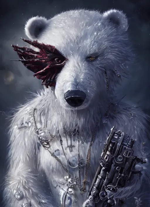 Image similar to white furry polar bear, steampunk googles, highly detailed, unreal engine 5, cinematic, 8 k, by megan duncanson, benjamin lacombe, adrian borda, stanley artgermm, tom bagshaw, craig mullins, carne griffiths, ayami kojima, beksinski, giger, trending on deviantart, hyper detailed, horror, full of colour