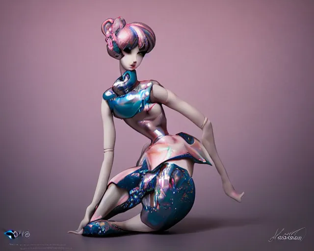 Prompt: James Jean isolated romantic girl vinyl figure, figure photography, dynamic pose, holographic undertones, glitter accents on figure, anime stylized, accurate fictional proportions, high delicate details, ethereal lighting - H 640