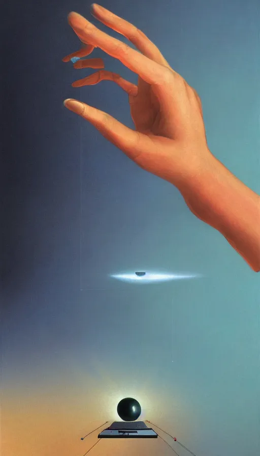 Prompt: a detailed portrait painting of a first-person view within a floating 3D VR hand interface (floating hologram levers and controls coating my fingers and extending my reach) (iOS hologram UI controls) by Jony Ive, Moebius, Roger Dean, intricate artwork by Caravaggio and James Turrell, 8K, sunrise atmospheric phenomena