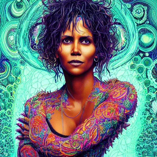 Image similar to portrait of halle berry, hyper detailed masterpiece, neon floral pattern, jean giraud, digital art painting, darkwave goth aesthetic, psychedelic, artgerm, donato giancola and tom bagshaw