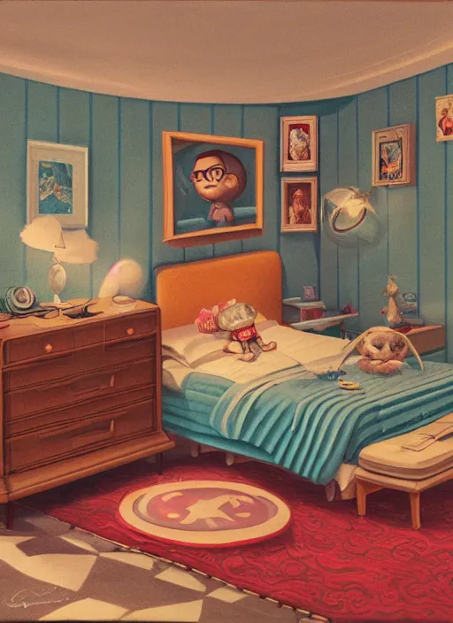 Image similar to highly detailed wide - angle portrait of a retro 1 9 6 0 s bedroom, nicoletta ceccoli, mark ryden, lostfish, earl nore, hyung tae, frank frazetta, global illumination, god rays, detailed and intricate environment