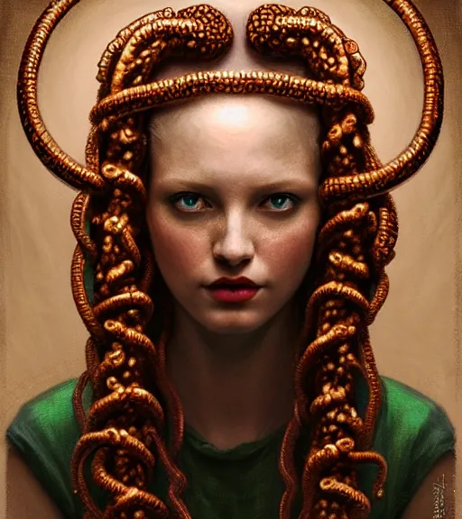 Prompt: portrait of alopecia naughty teen medusa, vipers grow from her head, wearing an embroidered rusty tunic, dark background, intricate, elegant, copper and emerald jewelry, glowing lights, highly detailed, digital painting, artstation, concept art, smooth, sharp focus, illustration, art by wlop, mucha, artgerm, and greg rutkowski