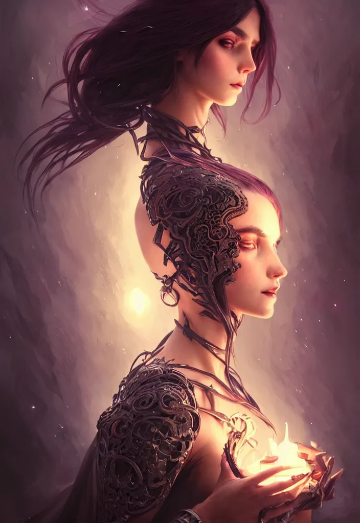 Image similar to Necromancer Sorceress, fantasy magic, undercut hairstyle, dark light night, intricate, elegant, sharp focus, illustration, highly detailed, digital painting, concept art, matte, art by WLOP and Artgerm and Greg Rutkowski and Alphonse Mucha, masterpiece