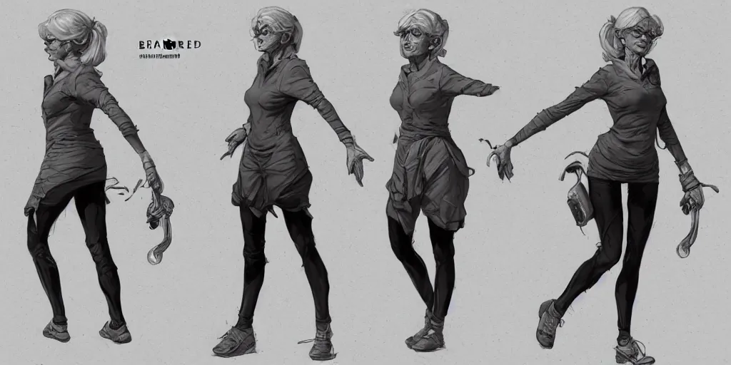 Image similar to nice old lady running down a dream, character sheet, fine details, concept design, contrast, brigitte bardot, kim jung gi, greg rutkowski, trending on artstation, 8 k, full body, turnaround, front view, back view, ultra wide angle