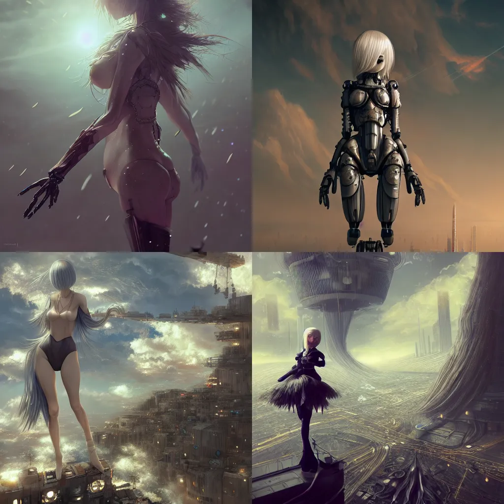 Prompt: detailed, sharp, dreaming humanoid female automata floating in above a dystopia by WLOP digital art, surreal, trending on artstation, anime arts, featured on Pixiv, HD, 8K, highly detailed, good lighting, beautiful, epic