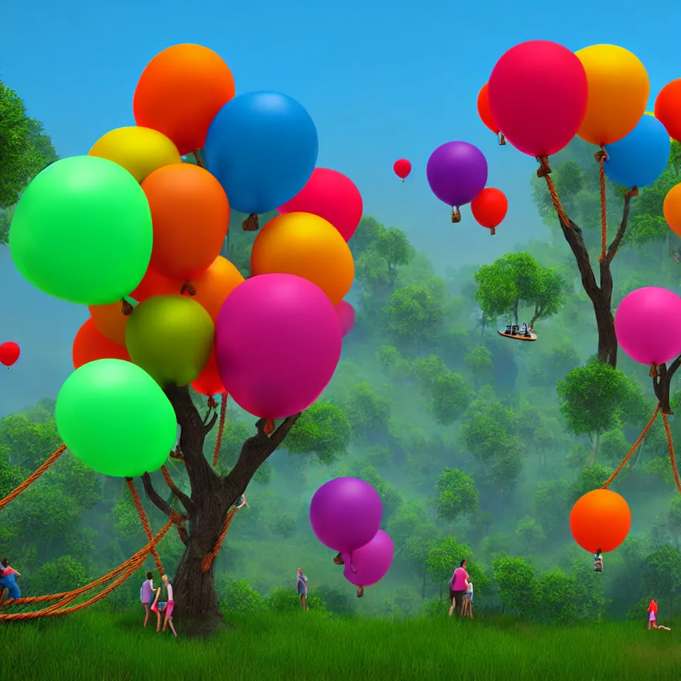 Image similar to large colorful balloons with people on rope swings underneath, flying high over the landscape, realistic, detailed, digital art, unreal engine