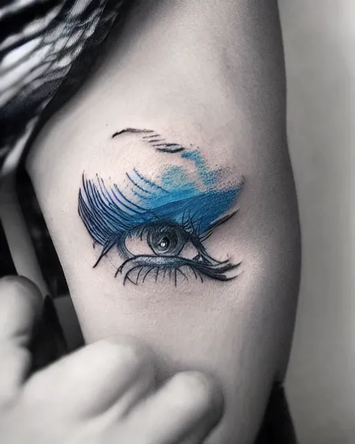 Image similar to tattoo design sketch of a beautiful blue - eyed woman face with a faded background of beautiful mountains on her side, hyper - realistic, in the style of den yakovlev, amazing detail, black and white