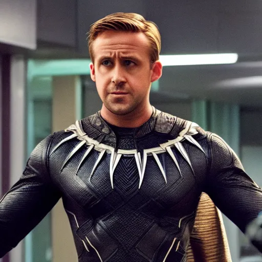 Prompt: Gosling as superhero Black Panther. Superhero 4k Unmasked Celebrity Marvel