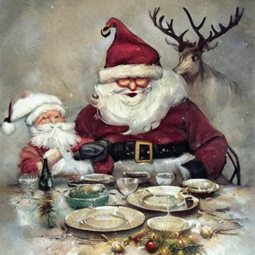 Image similar to (((((1950s cozy Christmas dinner with santa klaus . muted colors.))))) by Jean-Baptiste Monge !!!!!!!!!!!!!!!!!!!!!!!!!!!