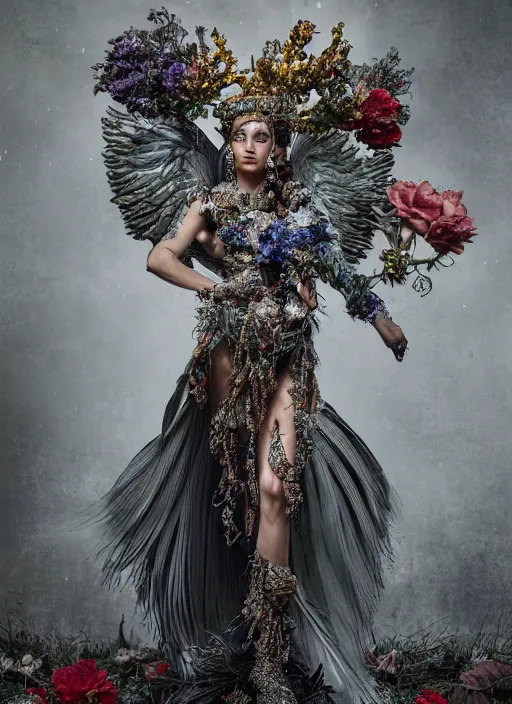 Prompt: full body environmental portrait photo of a goddess as angel, ornate headpiece made from flowers, ornaments, glamour shot by gemmy woud - binnendijk, lindsay adler, stefan gesell, photorealistic, canon r 3, fashion photography, ornate, elegant, luxury and elite, symmetrical features, octane render, unreal engine, solid dark grey background, dramatic lights