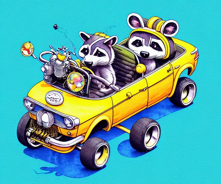 Prompt: cute and funny, racoon wearing a helmet riding in a tiny hot rod with oversized engine, ratfink style by ed roth, centered award winning watercolor pen illustration, isometric illustration by chihiro iwasaki, edited by beeple, tiny details by artgerm, symmetrically isometrically centered