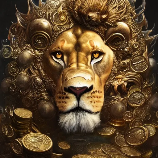 Image similar to a beautiful detailed 3 d matte portrait of a alchemist lion, by ellen jewett, by tomasz alen kopera, by justin gerard, ominous, magical realism, texture, intricate, skull, skeleton, gold coins, money, whirling smoke, alchemist bottles, radiant colors, fantasy, volumetric lighting, high details