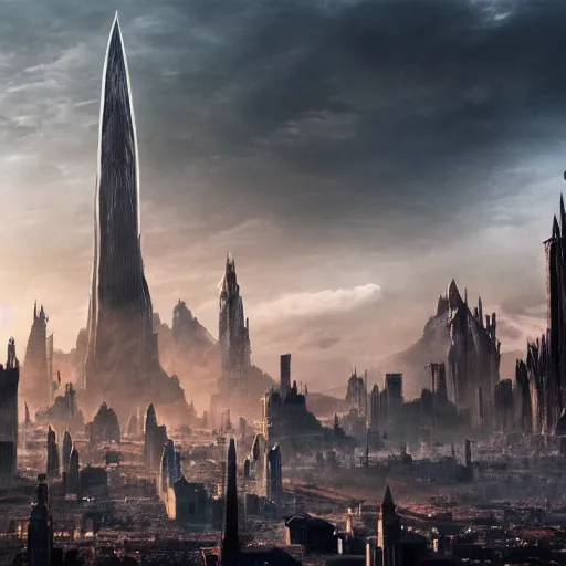 Prompt: mordor as a bustling city, highly detailed, sharp focus, skyline, vast, 4 k, fantasy