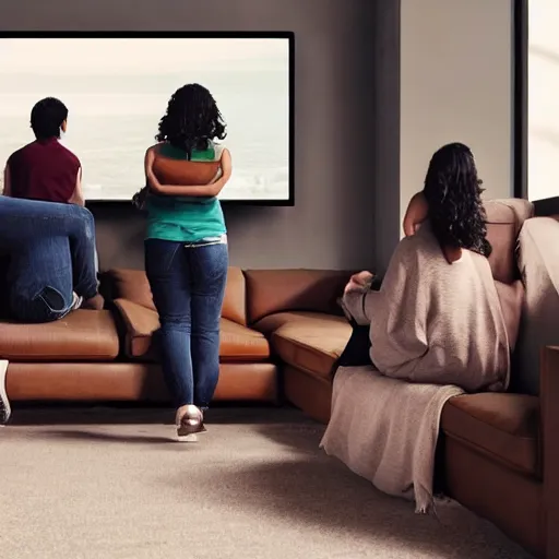 Prompt: three friends sitting on brown couch watching tv with themselves on screen ultra realistic