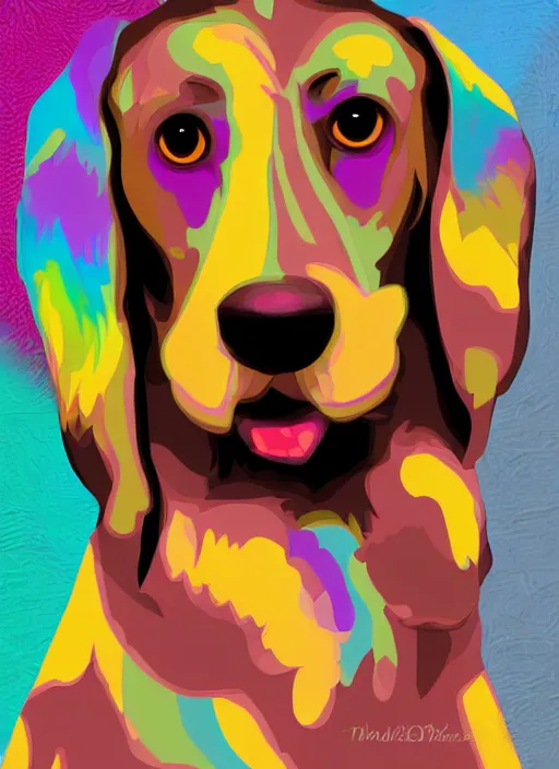 Image similar to short hair brown dashhound, colourful digital art