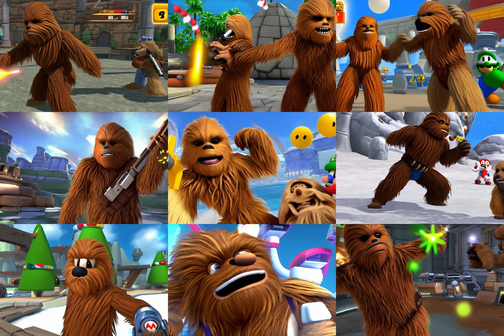 Prompt: a promotional gameplay screenshot of chewbacca in the video game mario party. 3 d rendering. very detailed