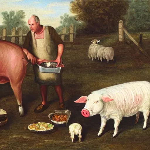 Image similar to butcher giving food to a dog, while being watched by a pig, a sheep, a chicken and a cow