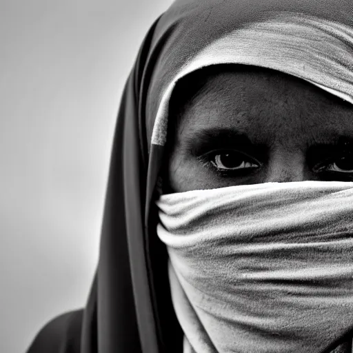 Image similar to 8 k uhd black and white portrait from burqa woman carrying a riffle's, uhd details, national geography winning photo contest