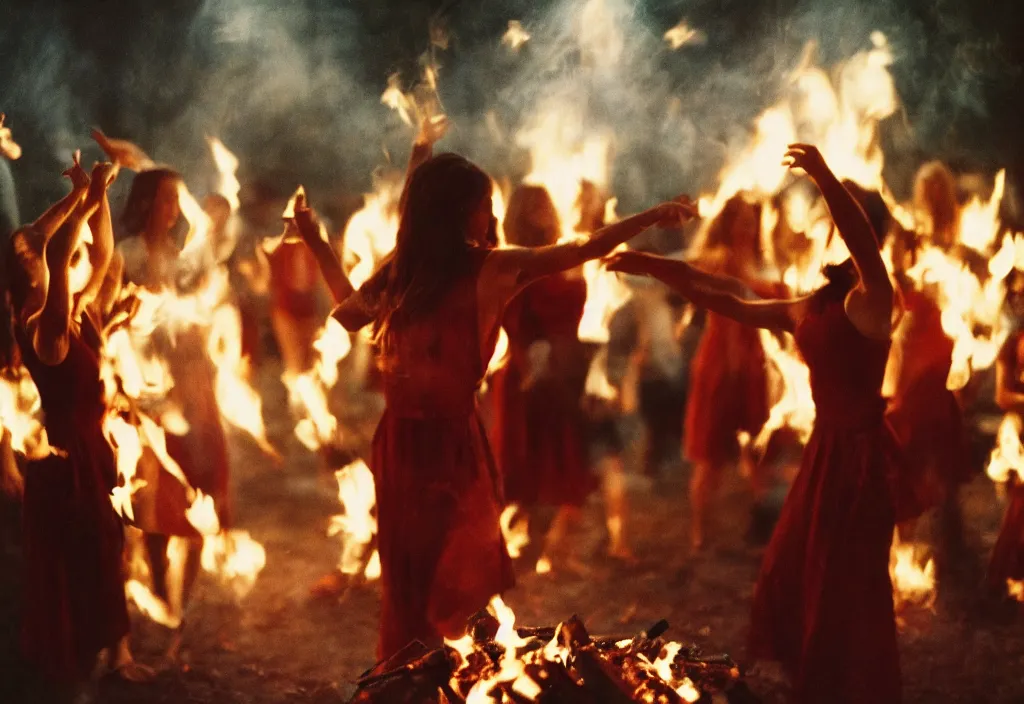 Prompt: lomo photo of young women dancing in ecstasy around a bonfire as the dark ritual begins, cinestill, bokeh, out of focus