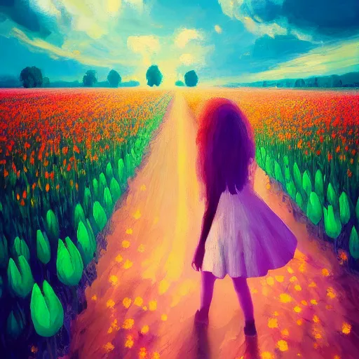 Image similar to large tulip head, girl standing in a flower field, surreal photography, sunrise dramatic light, impressionist painting, colorful clouds, digital painting, artstation, simon stalenhag