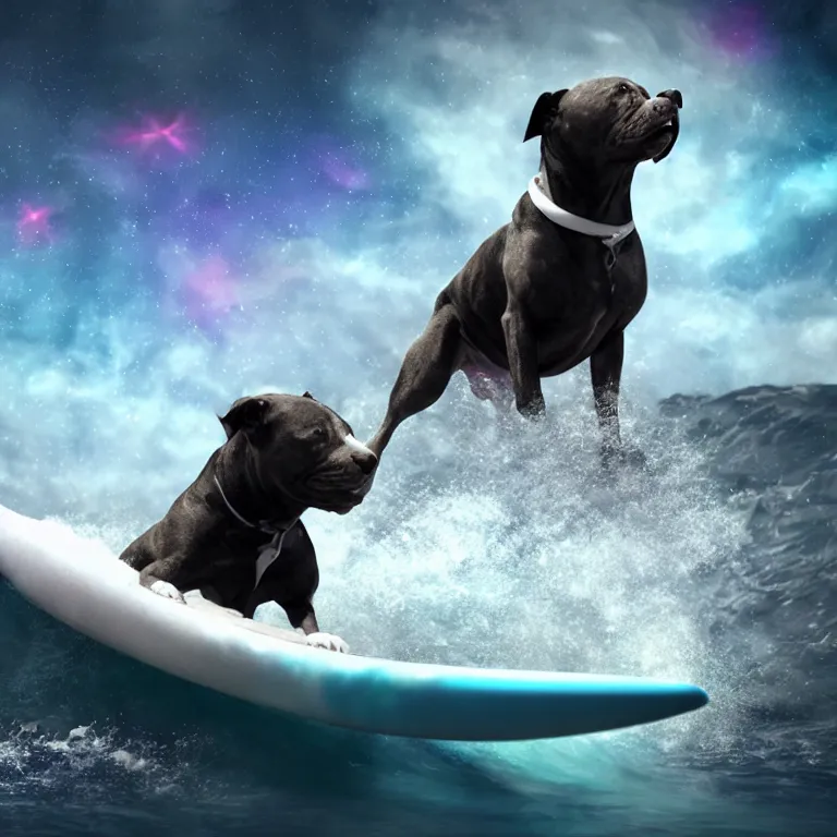 Image similar to photo of a dark gray coat pit bull with a white paws and a white nose!, surfing on a surfboard in a crashing wave of alien galaxy, trending on art station, ocean in space, background is an alien galaxy, aliens in the background, alien colors, octane render, unreal engine, wide view, 8 k, highly detailed