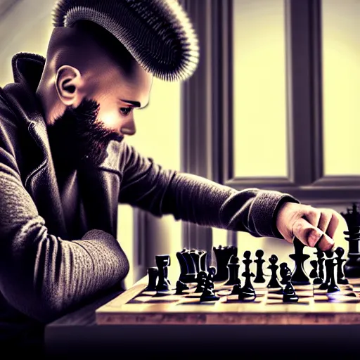 Image similar to man with spiky hair, wearing steampunk armor, playing chess, highly intricate, photorealistic, hyperrealism, beautiful, high resolution