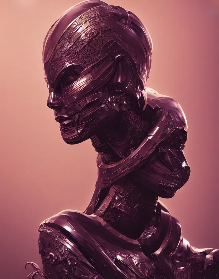 Image similar to beautiful portrait of friendly attractive alien cyborg, style of Feng Zhu, Artstation geometric, aesthetic, smooth skin, unique features, symmetrical, intricate crown, high fashion, streetwear, cyberpunk, detailed, octane render, cinematic, 8k, purple skin, brown skin