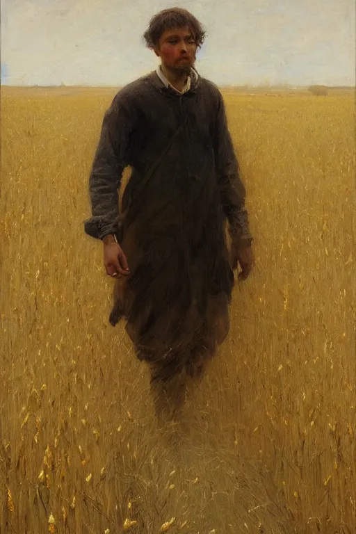 Image similar to Solomon Joseph Solomon and Richard Schmid and Jeremy Lipking victorian genre painting full length portrait painting of a young cottagecore walking in an open field of wheat, red background