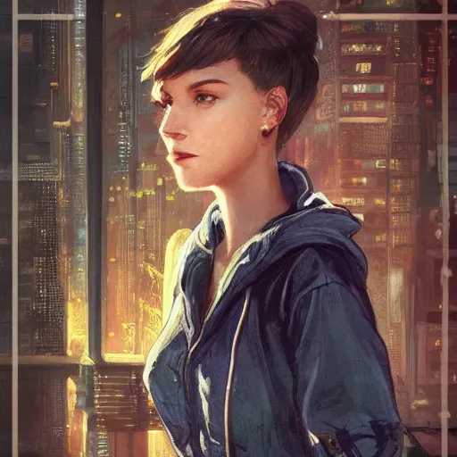 Image similar to character portrait of a 1950s girl in a hoodie, pixie cut, dystopian cyberpunk steampunk soviet mood, intricate, wild, highly detailed, digital painting, artstation, upper body, concept art, smooth, sharp focus, illustration, art by artgerm and greg rutkowski and alphonse mucha